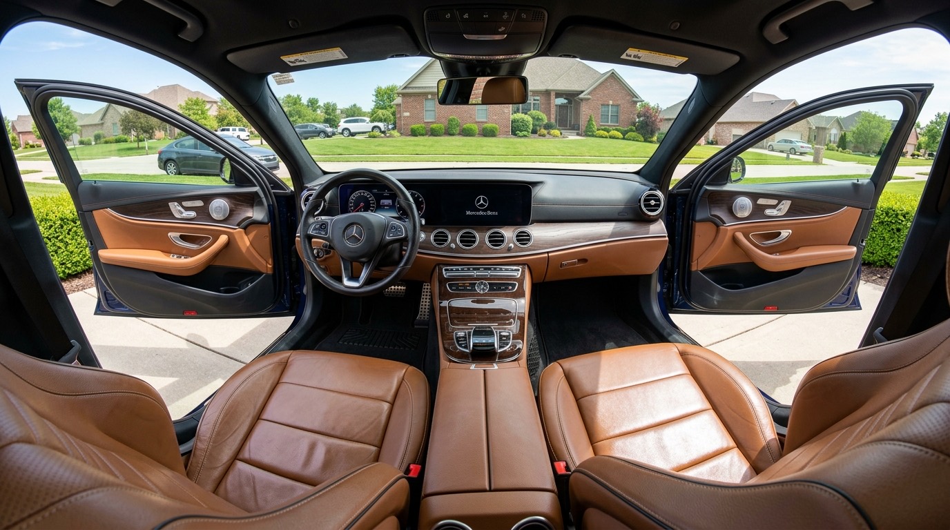 Leather interior after a full detail, doors open in the sun