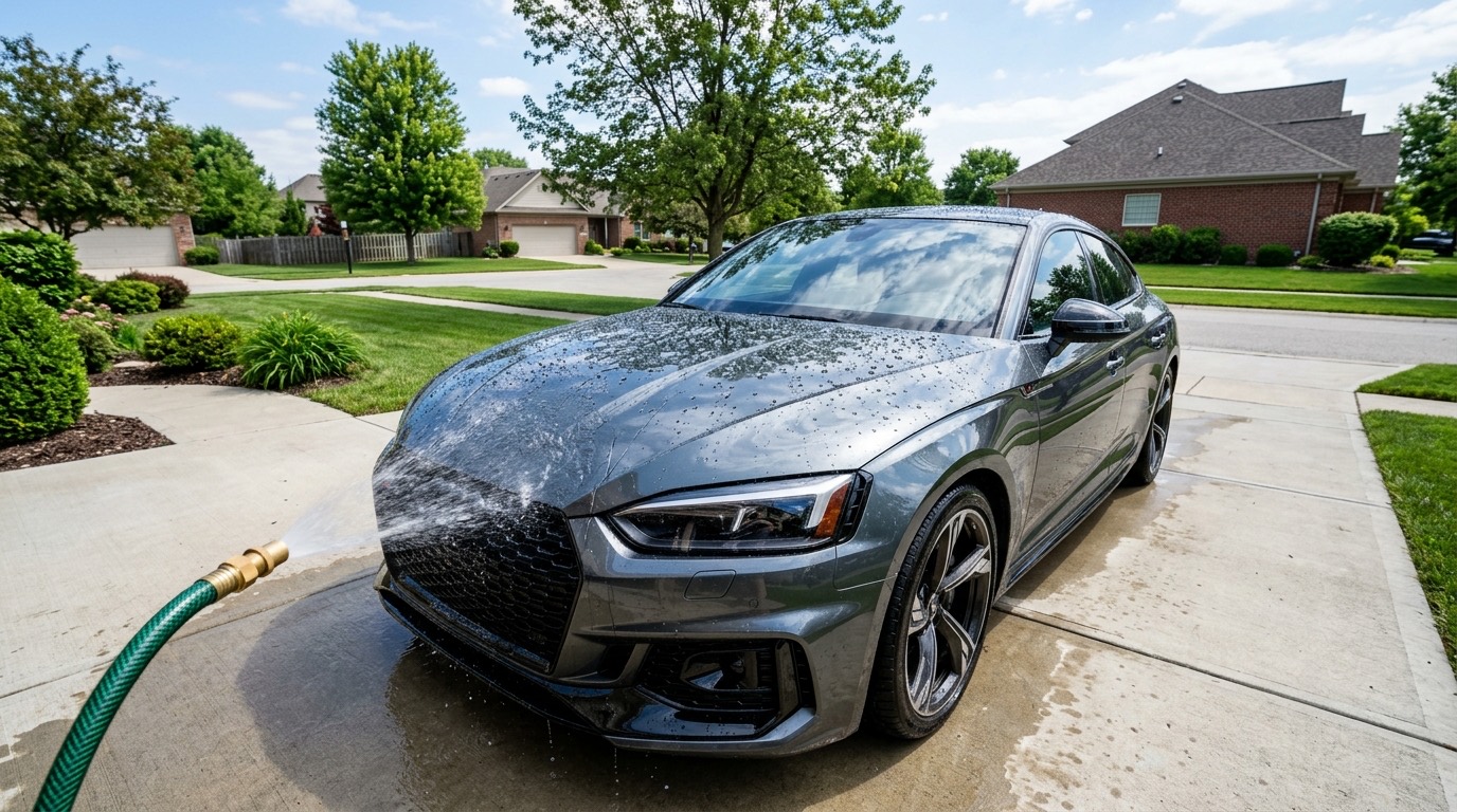Water sheeting off a coated grey sedan