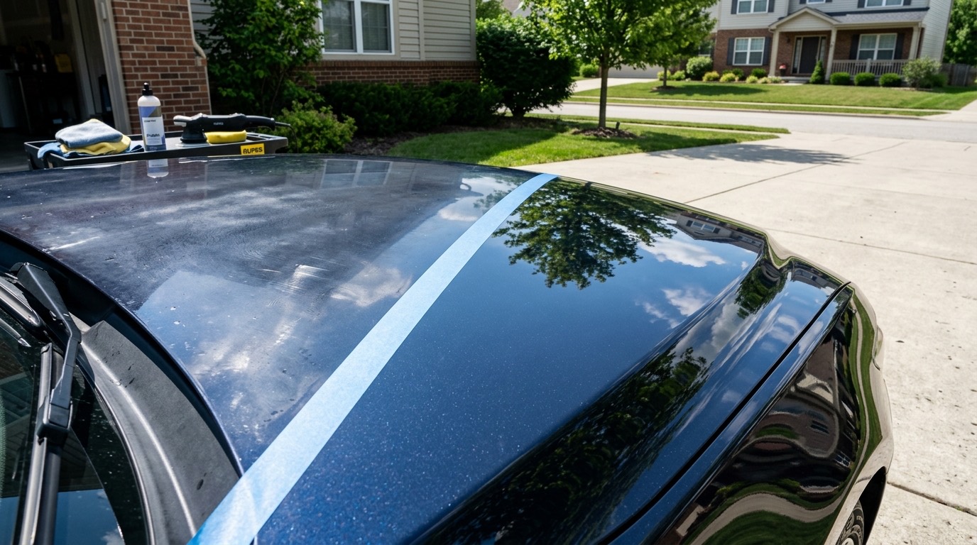 Hood taped down the middle: corrected paint on one side, swirled paint on the other